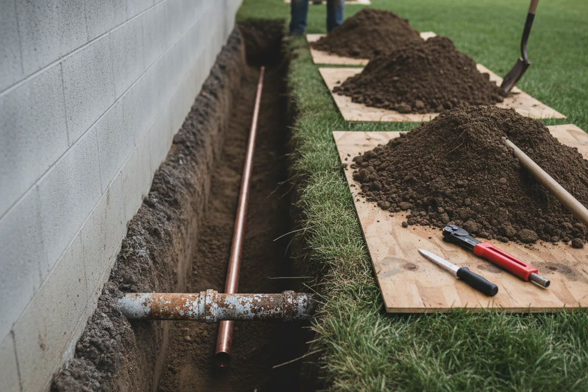 Excavated water line trench during Water Heater Repair in Sagamore